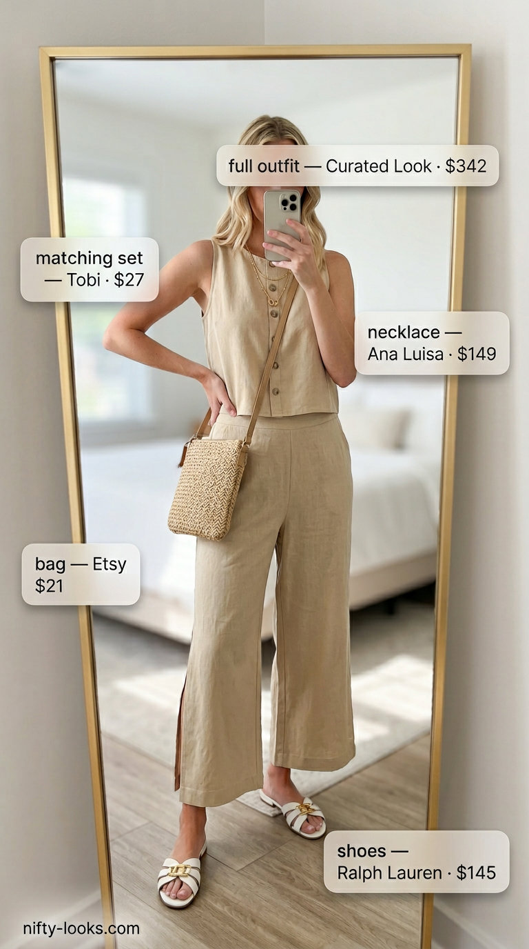 Trendy summer outfits for women over 30 2026: Cream linen set with wide-leg pants, cropped tank, and slide sandals.