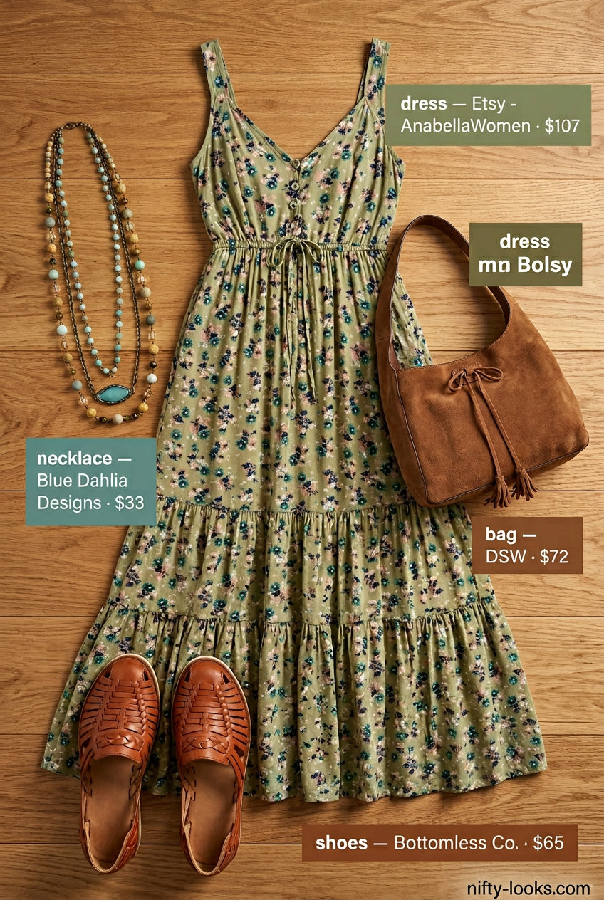 Trendy summer outfits for women over 30 2026: Bohemian maxi dress with floral print, leather sandals, and hobo bag.