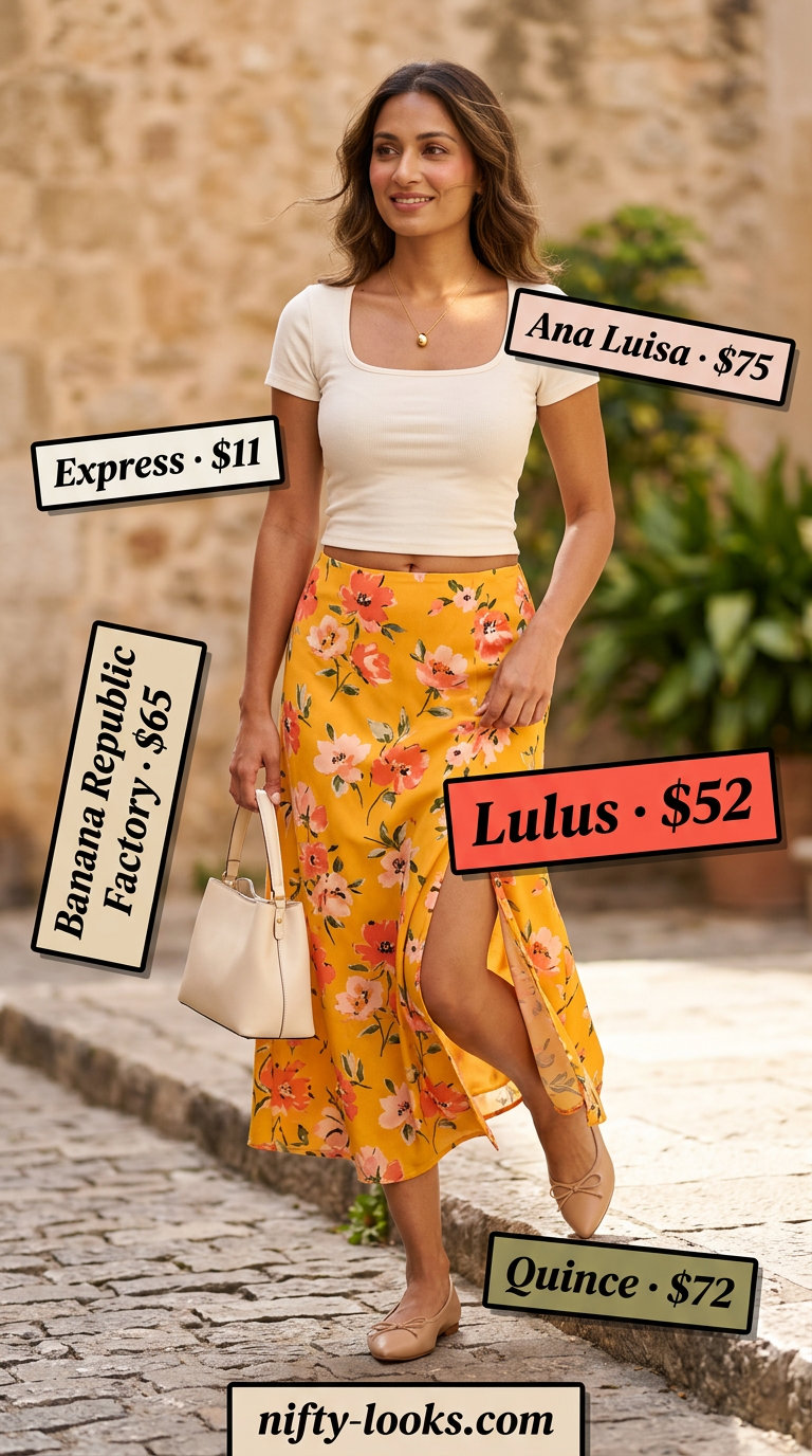 Trendy summer outfits for women over 30 2026: Floral midi skirt, cream knit top, nude flats. Feminine & classic.
