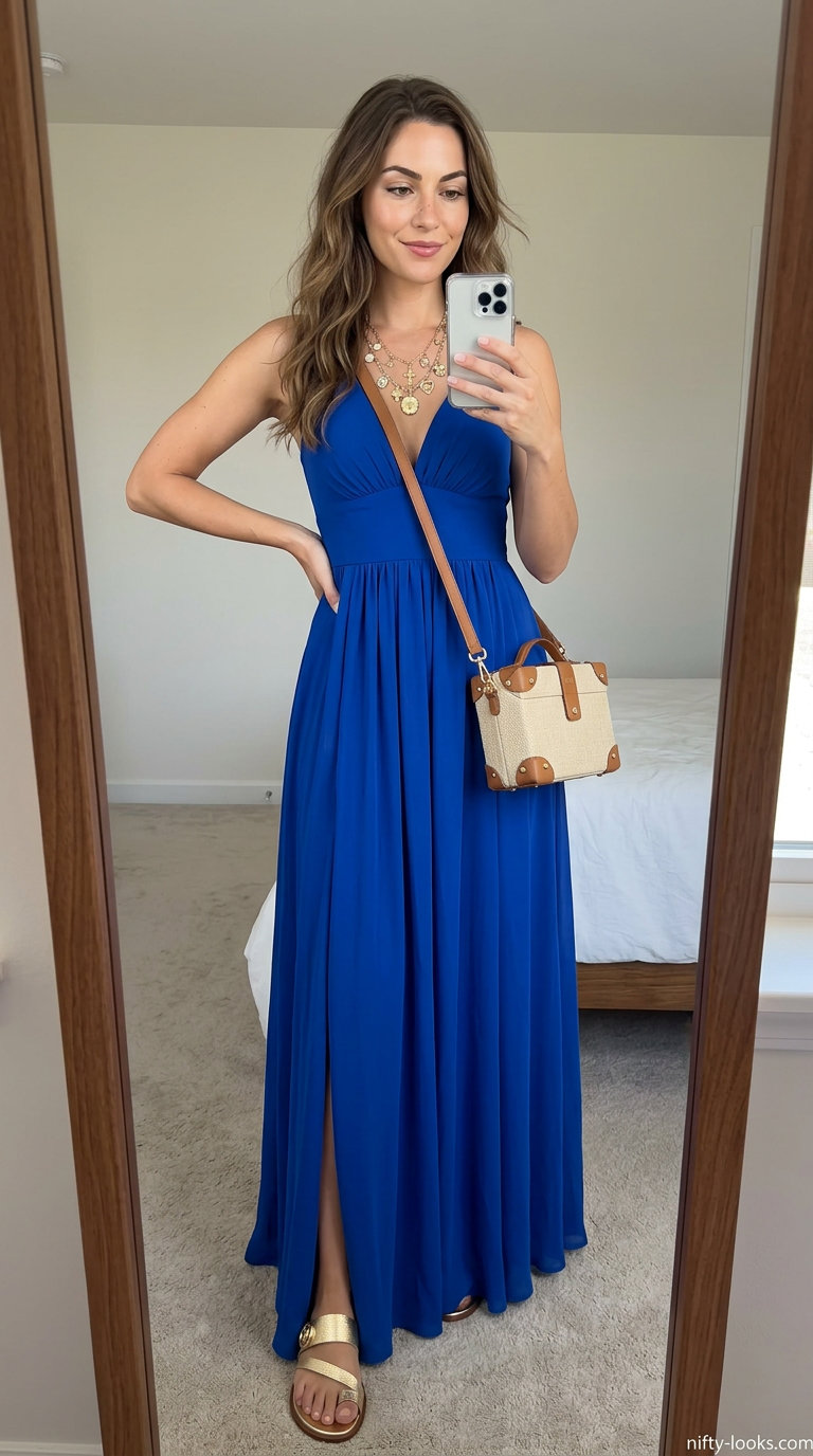 Trendy summer outfits for women over 30 2026: Navy maxi dress, gold jewelry, raffia bag. Elegant resort wear.