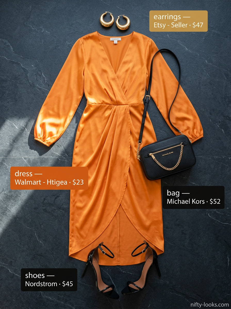 Trendy summer outfits for women over 30 2026: Mango orange wrap dress with strappy heels and statement earrings.