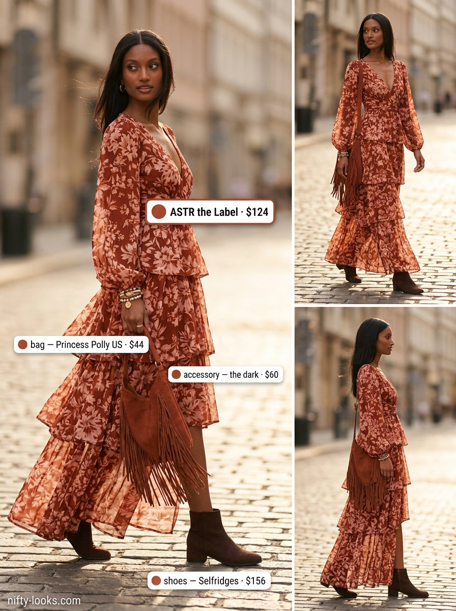 Trendy summer outfits for women over 30 2026: Rust floral maxi dress, suede boots, fringe bag. Boho festival style.