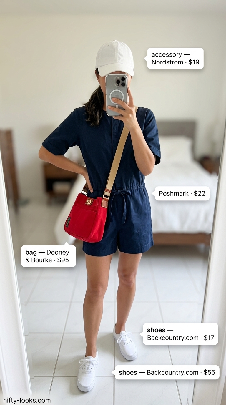 Trendy summer outfits for women over 30 2026: Navy sporty romper, white sneakers, red crossbody bag. Casual & comfy.