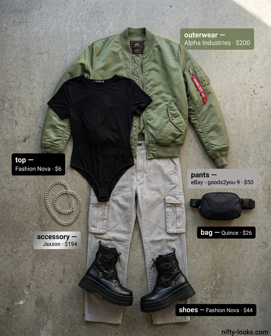 Trendy summer outfits for women over 30 2026: Urban utility look with cargo pants, bomber jacket, bodysuit, and combat boots.