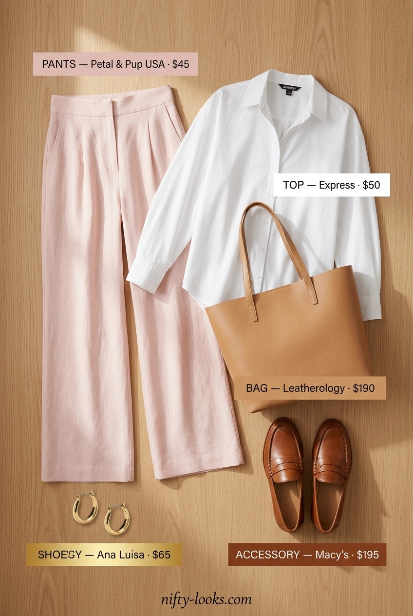 Trendy summer outfits for women over 30 2026: Blush pink linen pants, white oversized shirt, tan loafers. Smart casual.