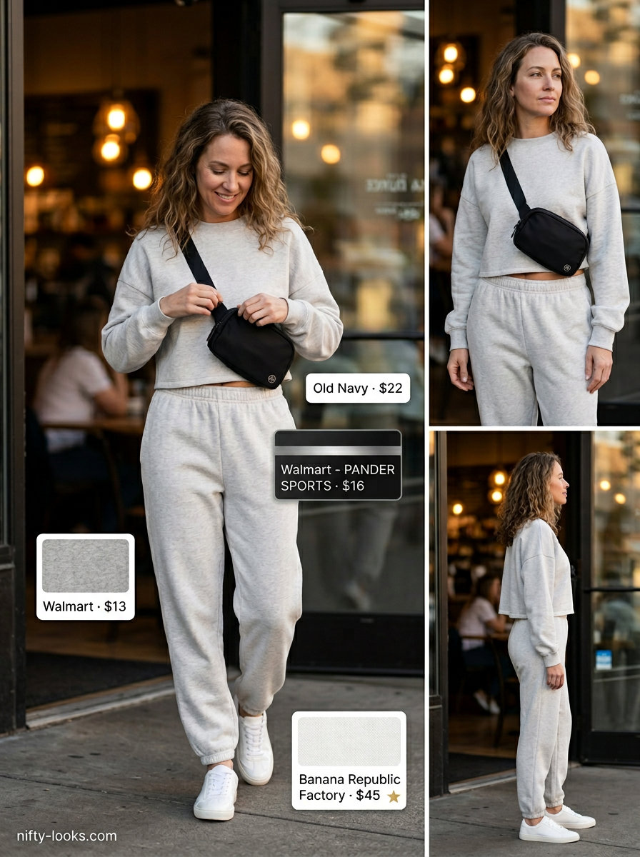 Athleisure elevated outfit for women over 30: grey joggers, cropped sweatshirt. Trendy summer outfits 2026.