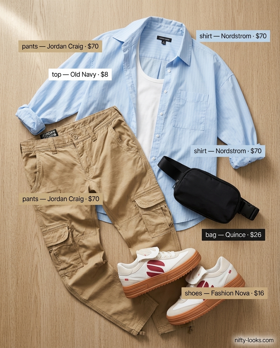 Modern cargo pants outfit for women over 30: khaki pants, white tank, light blue shirt. Trendy summer outfits 2026.