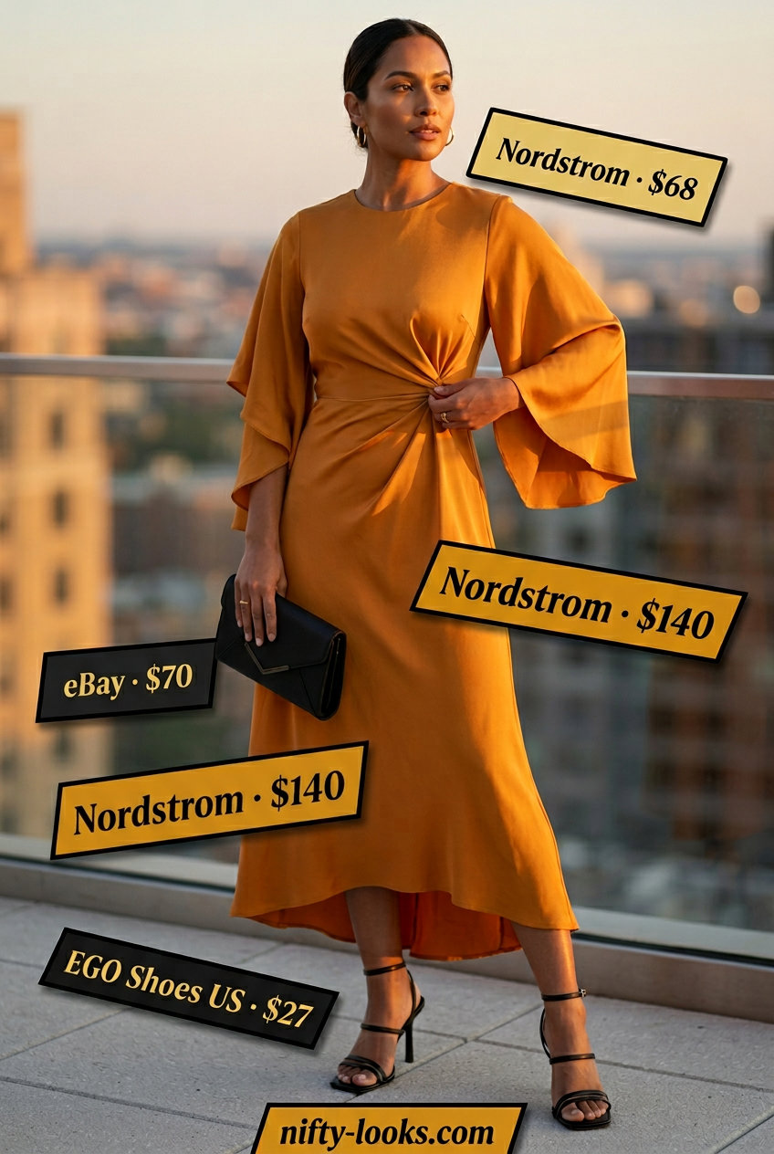 Rooftop mango orange wrap dress outfit for women over 30: satin midi dress, black heels. Trendy summer outfits 2026.