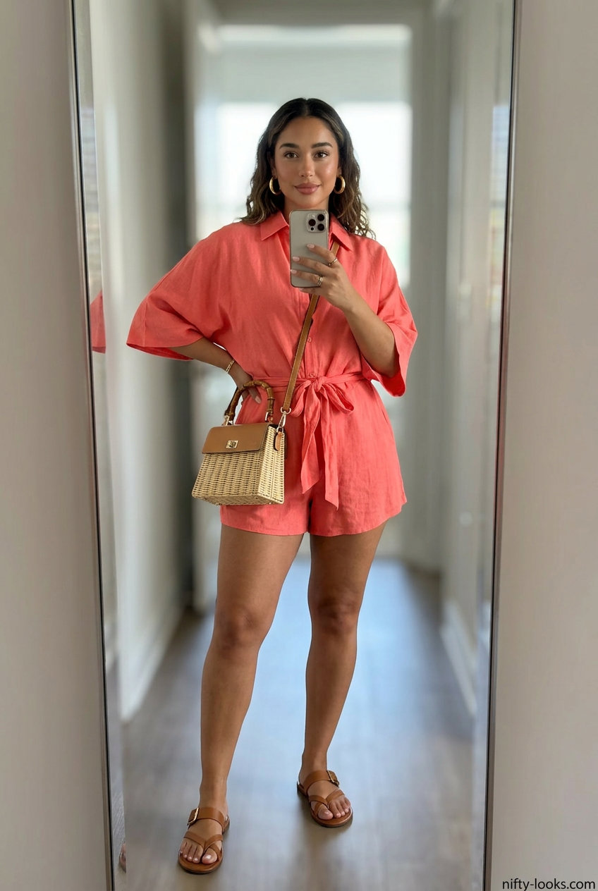 Playful coral linen romper outfit for women over 30: tie-front romper, flat sandals. Trendy summer outfits 2026.
