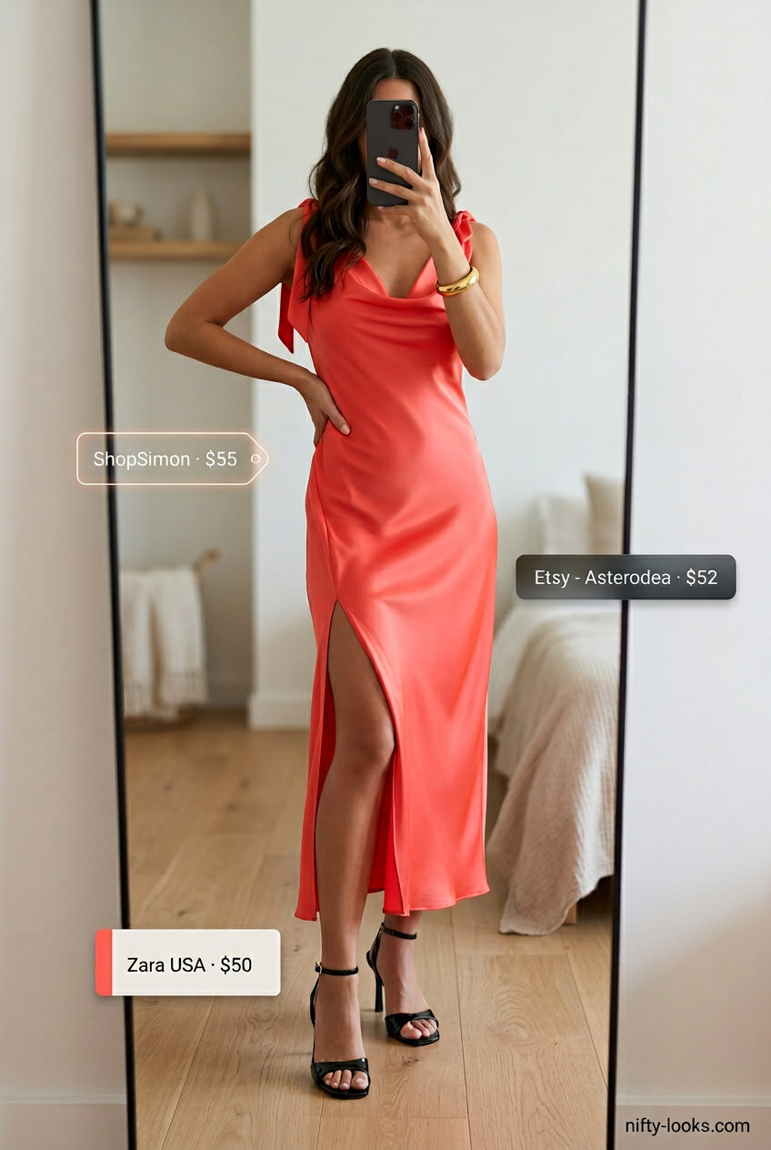 Sunset glow slip dress outfit for women over 30: coral satin midi dress, black heels. Trendy summer outfits 2026.