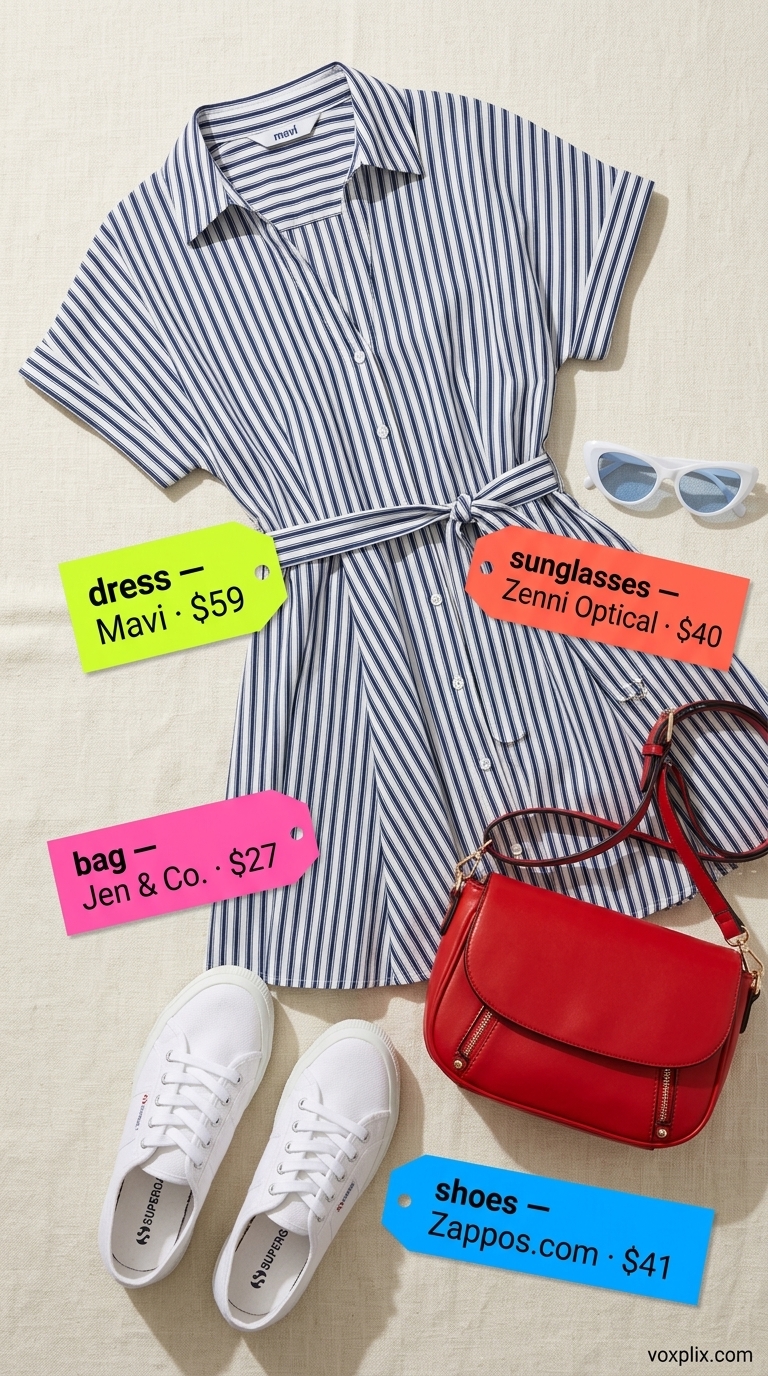Retro Resort: Trendy Summer Outfits for Women 2026 Trendy summer outfits for women 2026: Sky blue mini shirt dress with white sneakers and red bag for casual day.