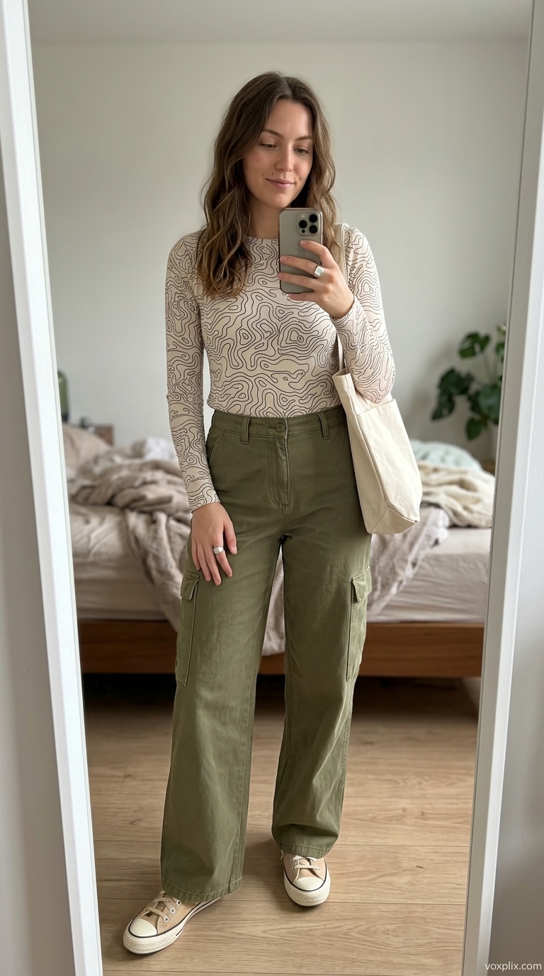 Tucked In Summer T-Shirt Outfit 2026: Artsy Vibes Tucked in abstract print tee with cargo pants for an artsy summer outfit 2026.