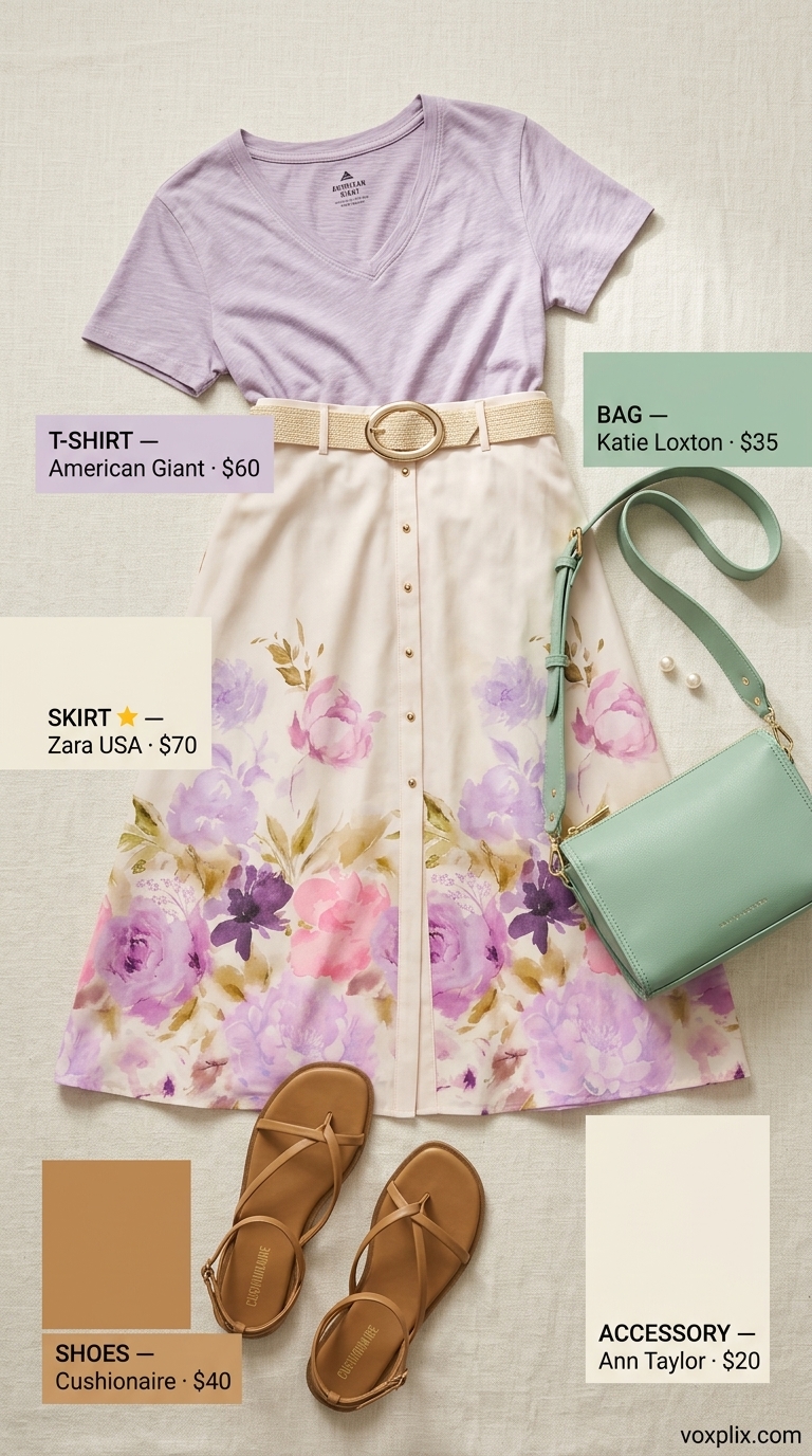 Tucked In Summer T-Shirt Outfit 2026: Artistic Garden Party Tucked in summer t-shirt outfit for women 2026: Floral midi skirt, lavender tee, strappy sandals, crossbody bag.