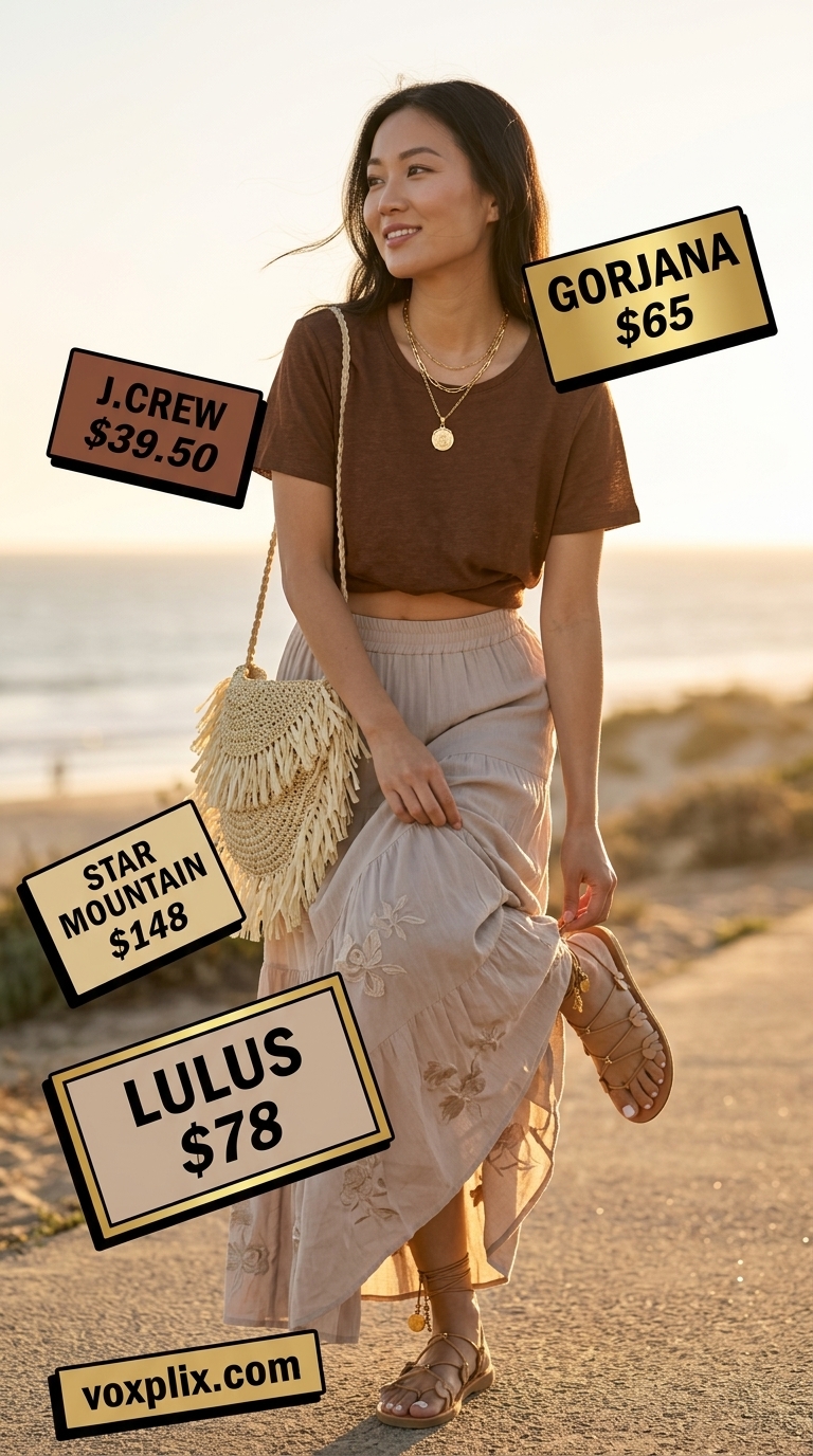 Tucked In Summer T-Shirt Outfit 2026: Bohemian Vibes Tucked in terracotta tee with tiered maxi skirt for a bohemian picnic outfit 2026.