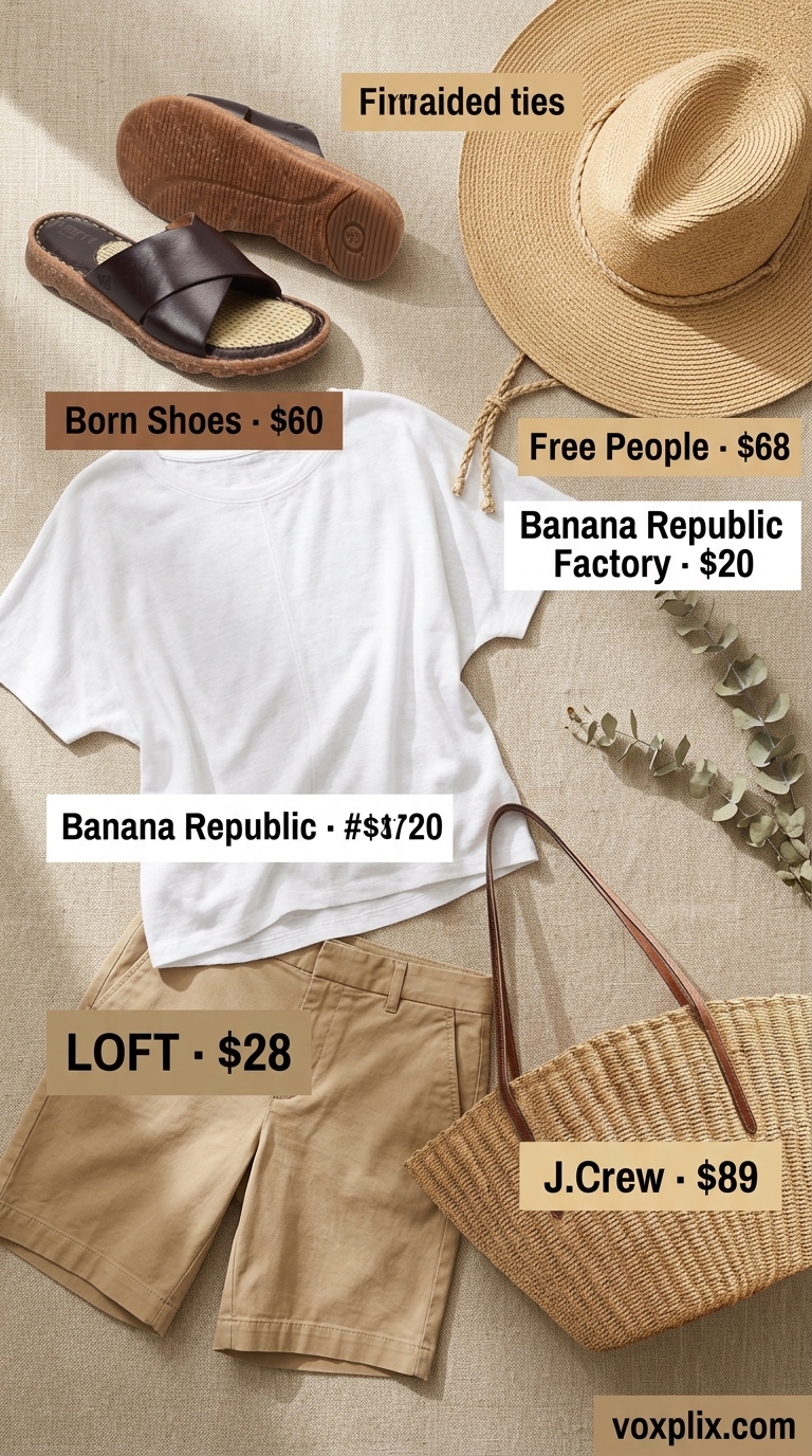 Tucked In Summer T-Shirt Outfit 2026: Coastal Getaway Style Tucked in summer t-shirt outfit for women 2026: Bermuda shorts, linen tee, leather slides, straw hat.