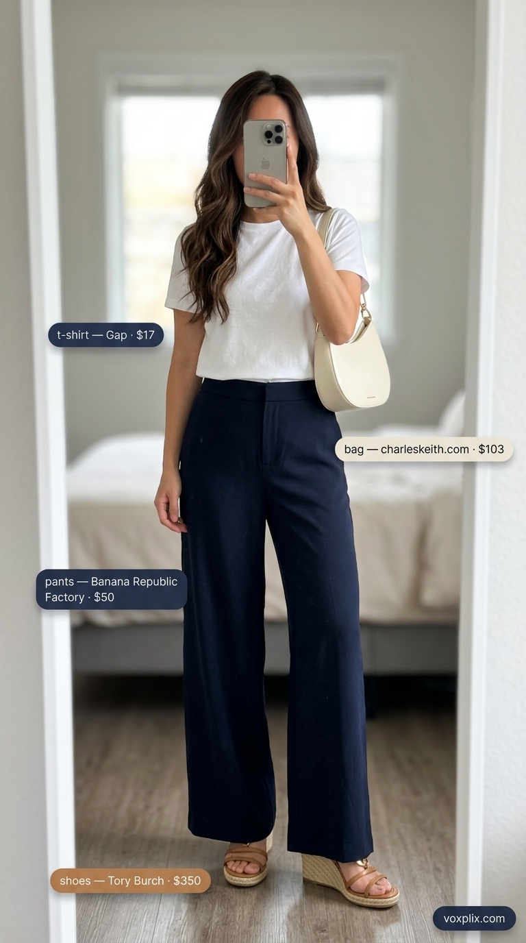 Tucked In Summer T-Shirt Outfit 2026: Riviera Chic Tucked in white tee with navy linen pants for a chic summer lunch outfit 2026.