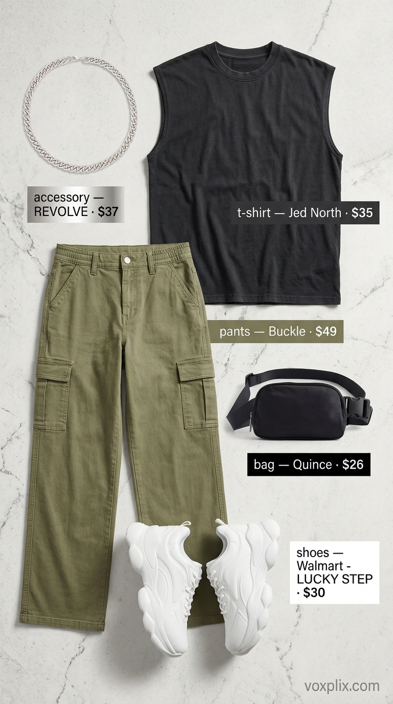 Tucked In Summer T-Shirt Outfit 2026: Festival Style Tucked in summer t-shirt outfit for women 2026: Khaki cargo pants, black muscle tee, platform sneakers, crossbody bag.