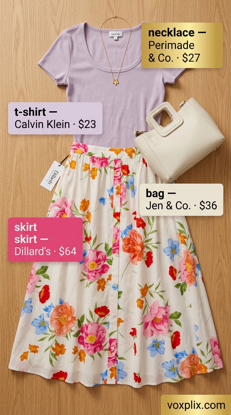 Tucked In Summer T-Shirt Outfit 2026: Garden Party Tucked in lilac tee with floral midi skirt for a sweet garden party outfit 2026.