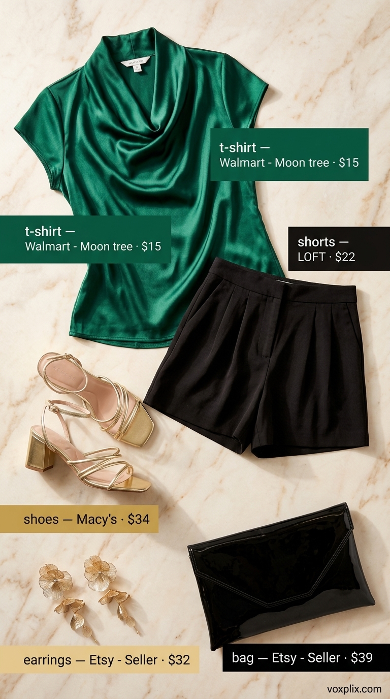 Tucked In Summer T-Shirt Outfit 2026: Glam Sunset Happy Hour Tucked in summer t-shirt outfit for women 2026: Emerald green silk tee, tailored shorts, block heels, clutch.