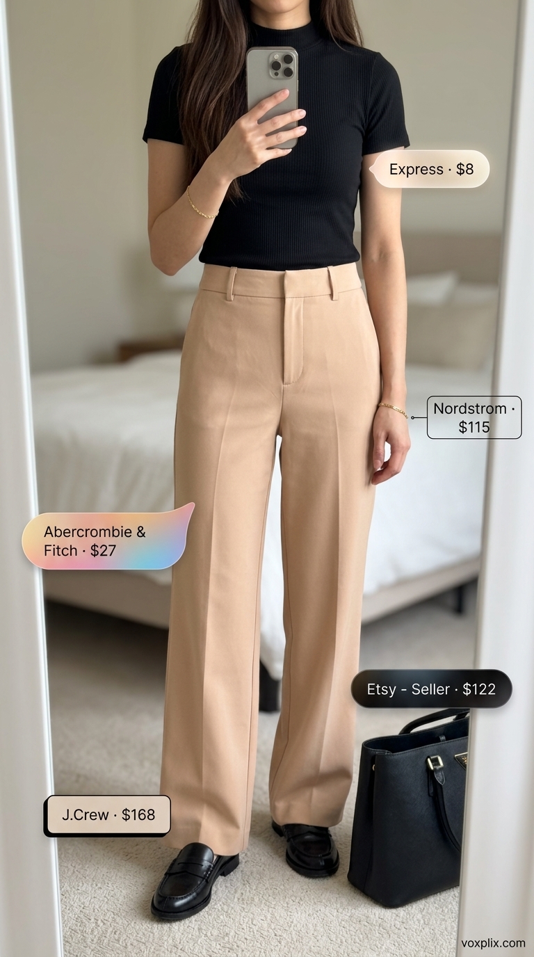 Tucked In Summer T-Shirt Outfit 2026: Modern Minimalist Tucked in black mock neck tee with camel wide-leg pants for a modern minimalist outfit 2026.