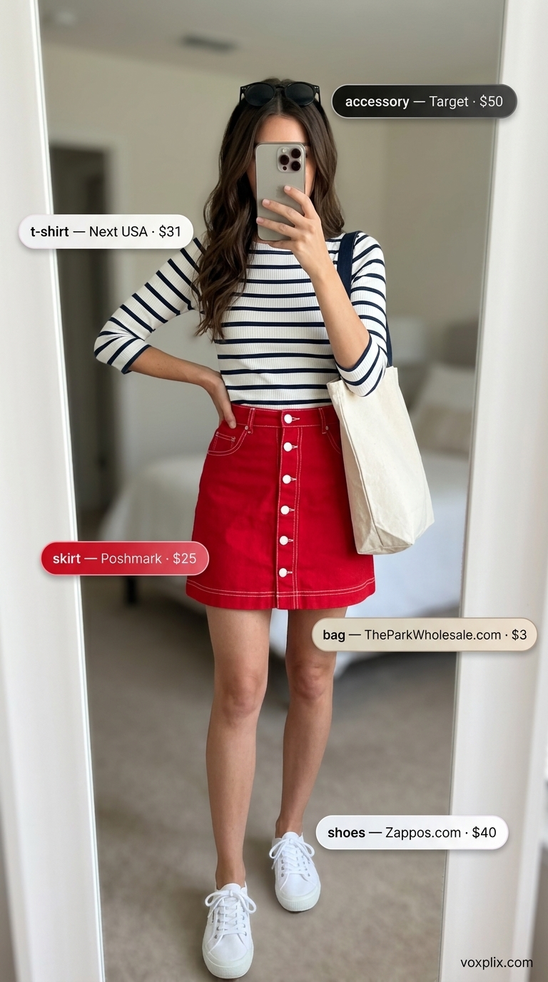 Tucked In Summer T-Shirt Outfit 2026: Preppy Picnic Style Tucked in summer t-shirt outfit for women 2026: Red mini skirt, striped boat neck tee, canvas sneakers, tote bag.