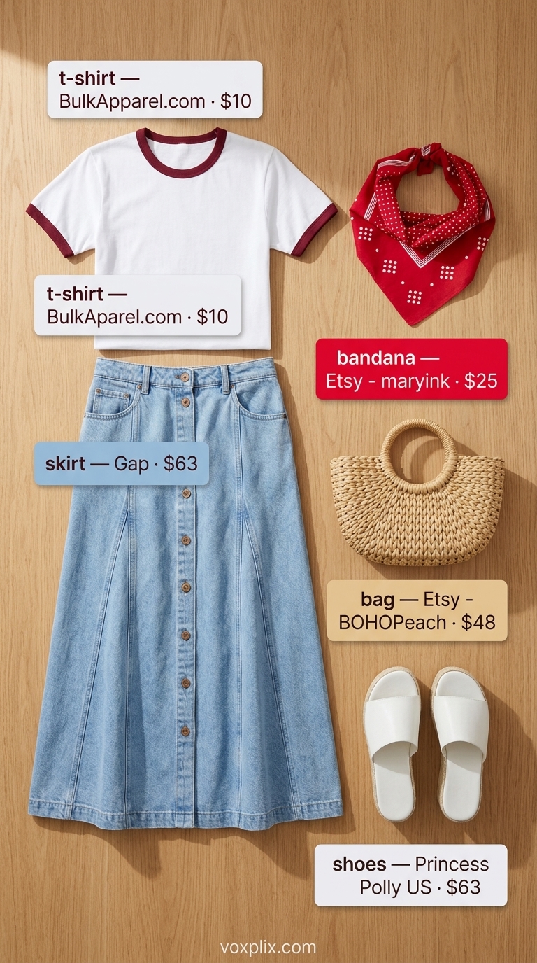 Tucked In Summer T-Shirt Outfit 2026: Retro Diner Date Tucked in summer t-shirt outfit for women 2026: Denim A-line skirt, ringer tee, straw bag, platform sandals.