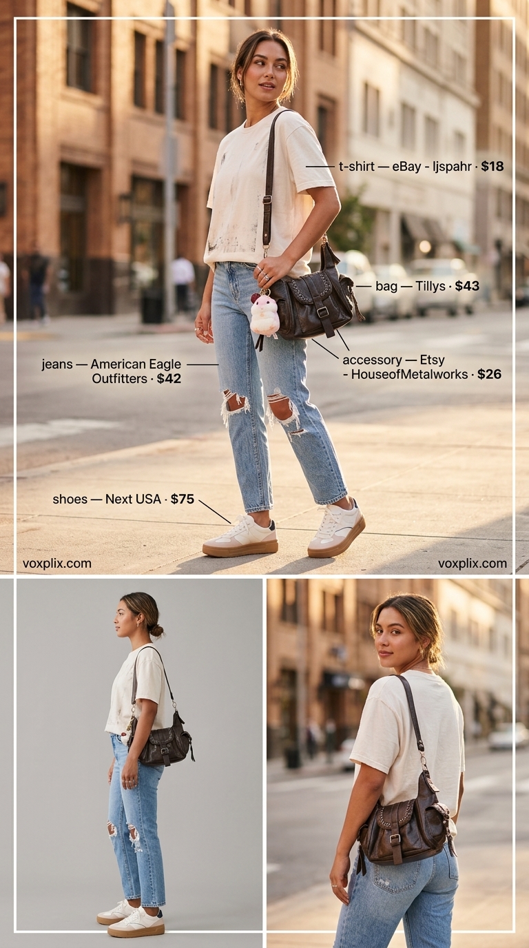 Tucked In Summer T-Shirt Outfit 2026: Retro Gallery Vibe Tucked in summer t-shirt outfit for women 2026: Distressed mom jeans, graphic tee, retro sneakers, shoulder bag.