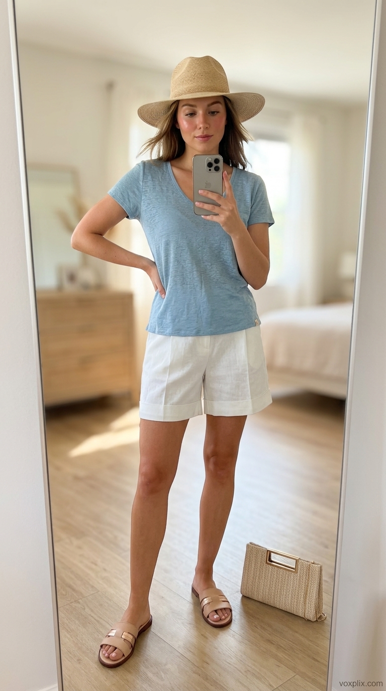 Tucked In Summer T-Shirt Outfit 2026: Riviera Lunch Style Tucked in summer t-shirt outfit for women 2026: Linen shorts, sky blue tee, leather slides, structured straw clutch.