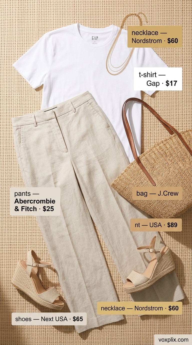 Tucked In Summer T-Shirt Outfit 2026: Beach Vacation Tucked in white tee with wide-leg linen pants for a relaxed summer outfit 2026. Beach vacation style.