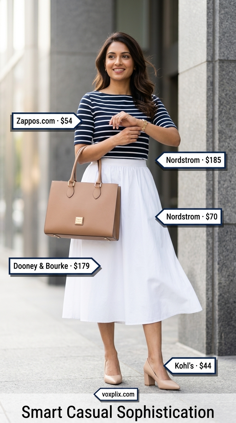 Tucked In Summer T-Shirt Outfit 2026: Office Chic Tucked in navy and white striped tee with midi skirt for a polished summer office outfit 2026.