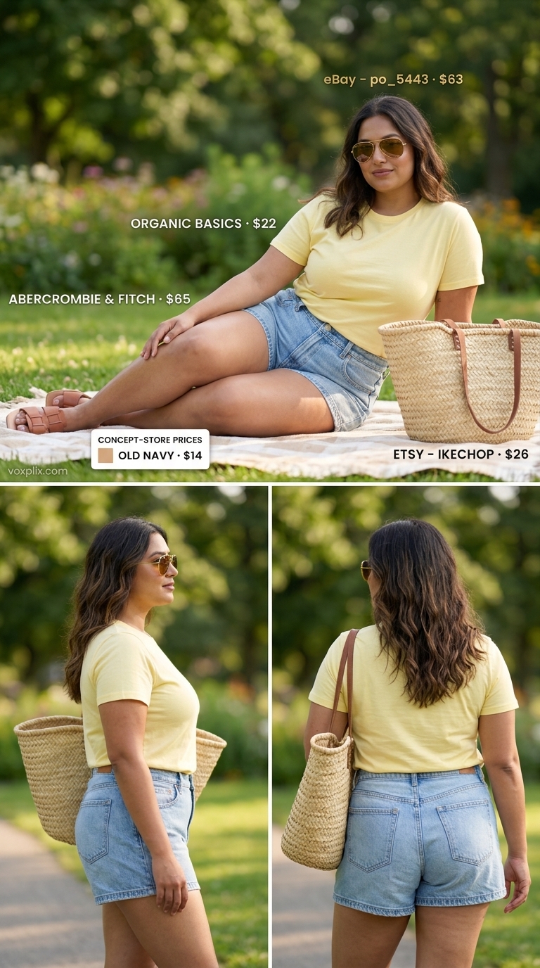 Tucked In Summer T-Shirt Outfit 2026: Picnic Perfect Tucked in pastel yellow tee with denim shorts for a cheerful picnic outfit 2026.