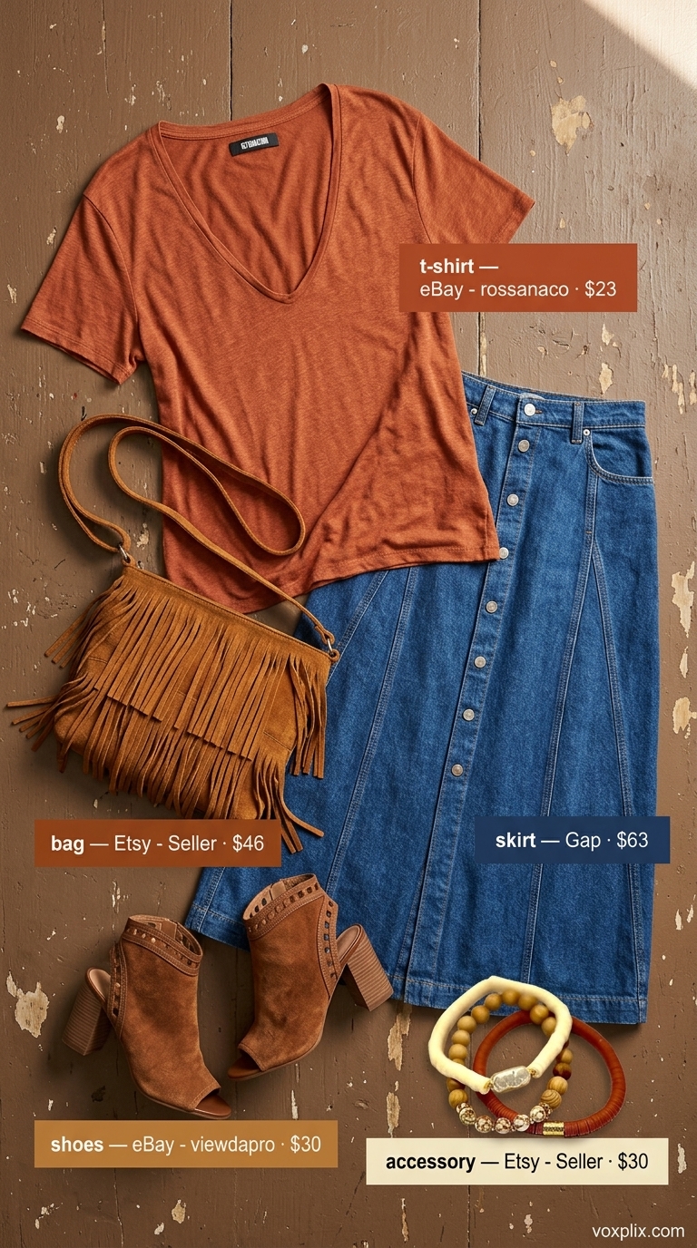 Bohemian Tucked In Summer T-Shirt Outfit for Women 2026 Rust orange t-shirt tucked into denim maxi skirt with suede boots for women 2026.