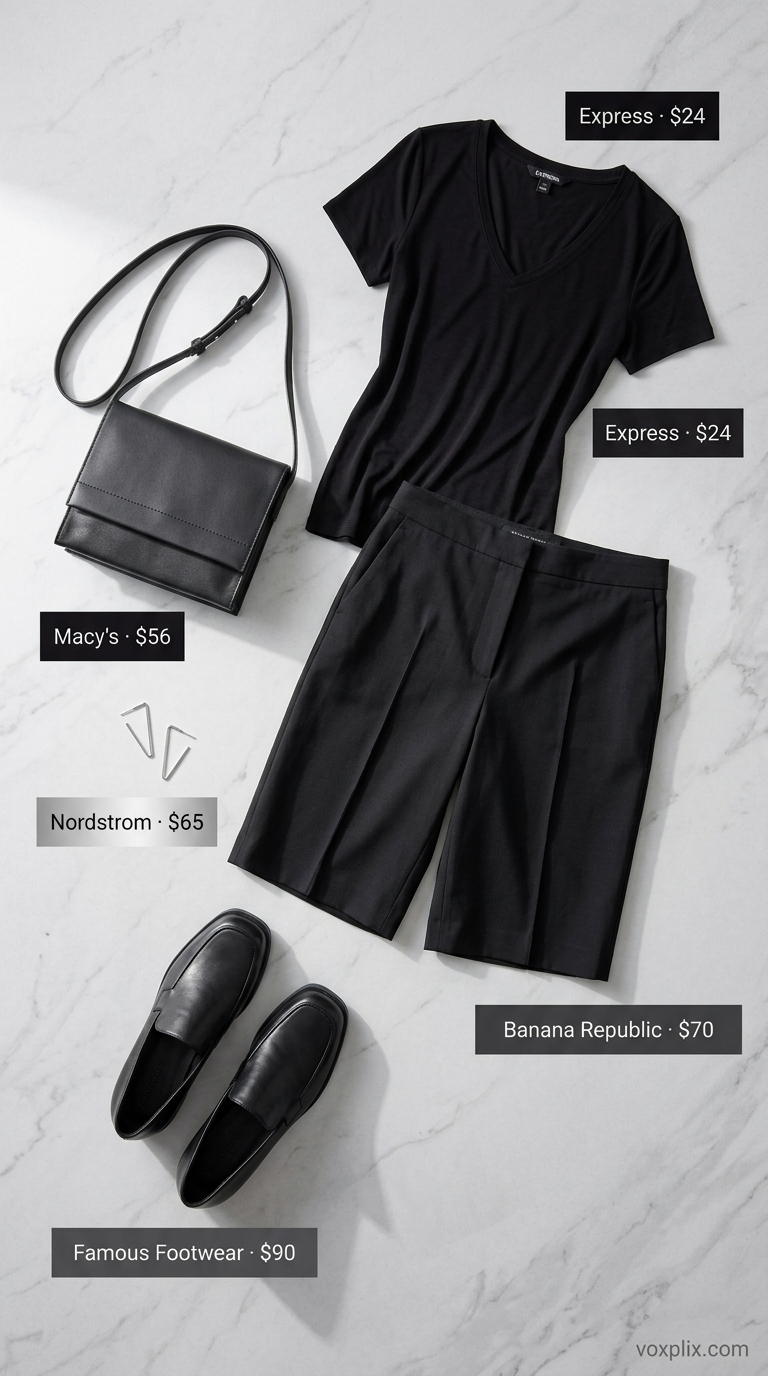 Chic Tucked In Summer T-Shirt Outfit for Women 2026 Tucked in black v-neck t-shirt with charcoal grey Bermuda shorts and black loafers for women 2026.