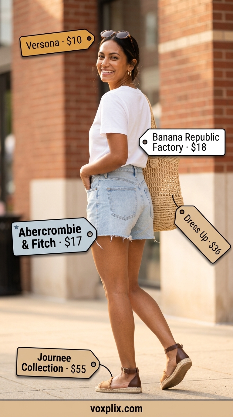 Effortless Tucked In Summer T-Shirt Outfit for Women 2026 White crew neck t-shirt tucked into denim shorts with espadrilles for women 2026.