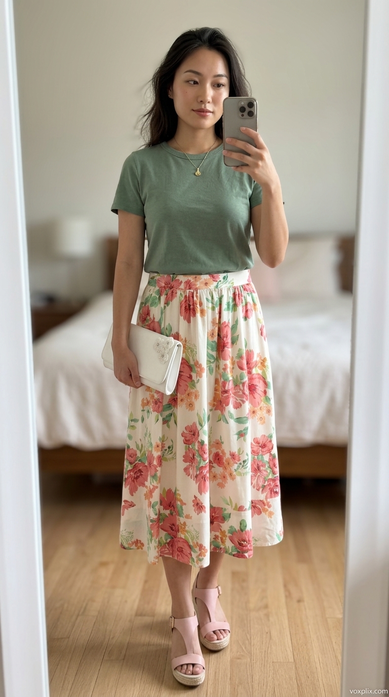 Charming Tucked In Summer T-Shirt Outfit for Women 2026 Sage green t-shirt with floral midi skirt and espadrille wedges for women 2026.