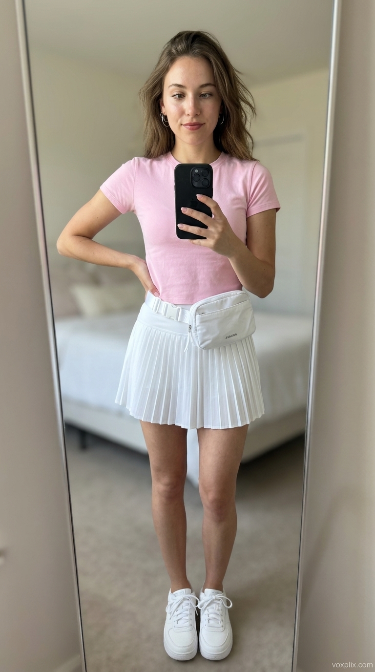 Sporty Tucked In Summer T-Shirt Outfit for Women 2026 Pastel pink t-shirt with pleated tennis skirt and sneakers for women 2026.