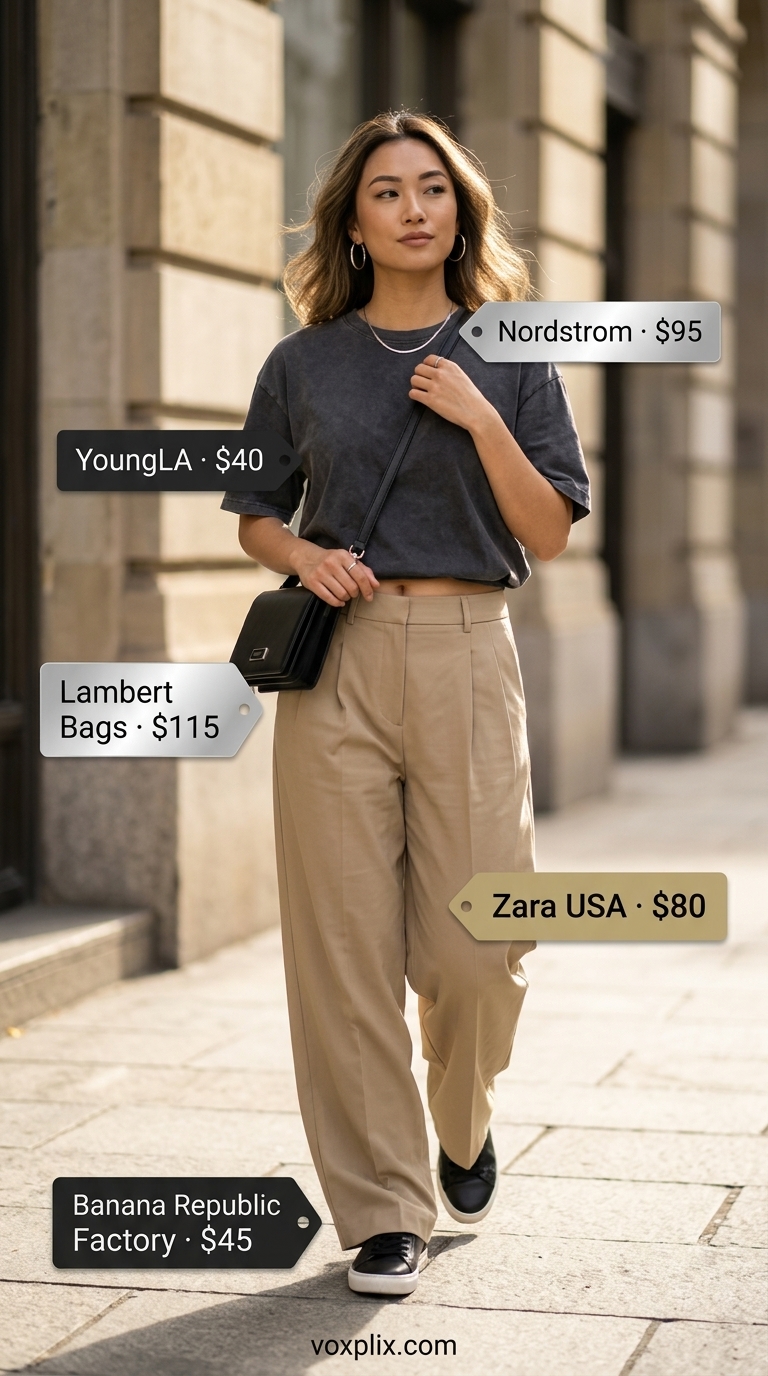 Modern Tucked In Summer T-Shirt Outfit for Women 2026 Graphic t-shirt tucked into khaki wide-leg trousers with sneakers for women 2026.