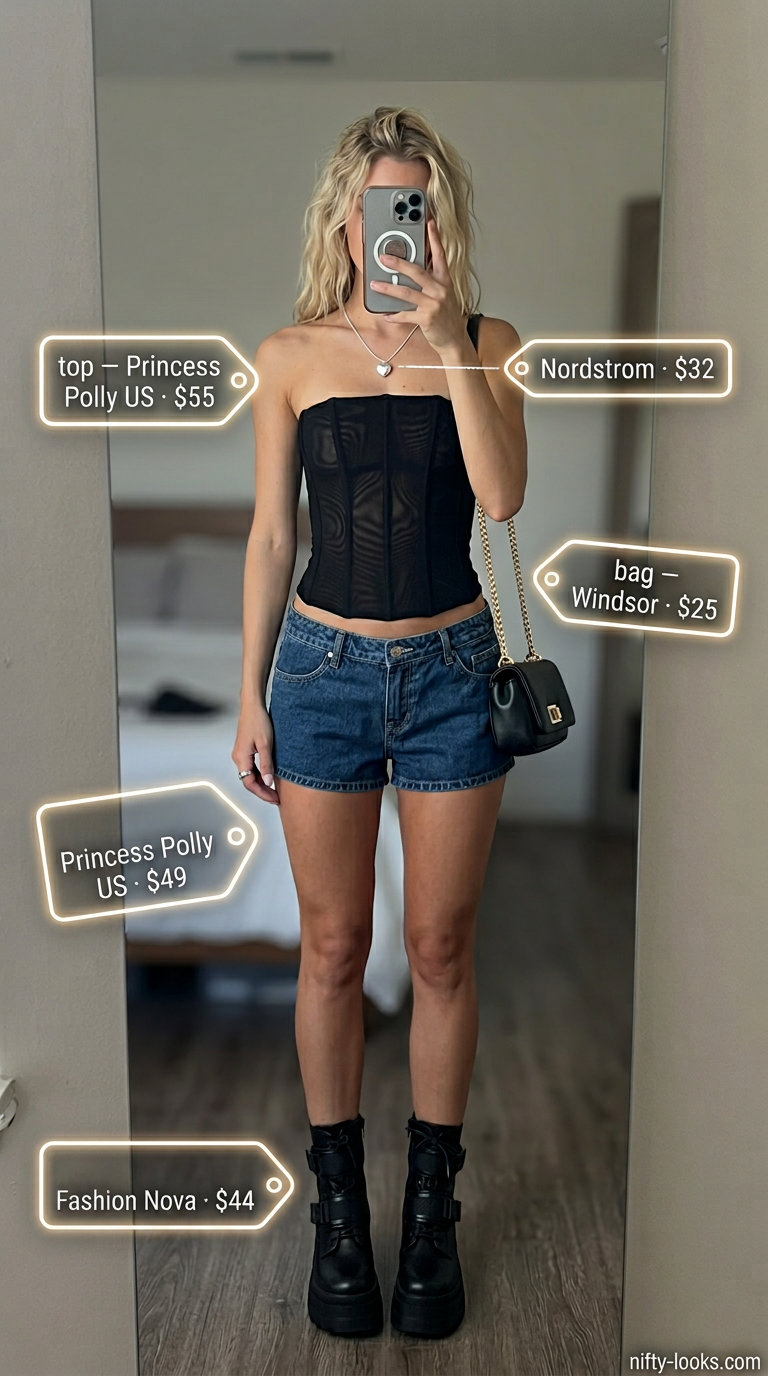 Edgy Athleisure women short outfits summer 2026: black corset top, mini shorts, combat boots, silver necklace.