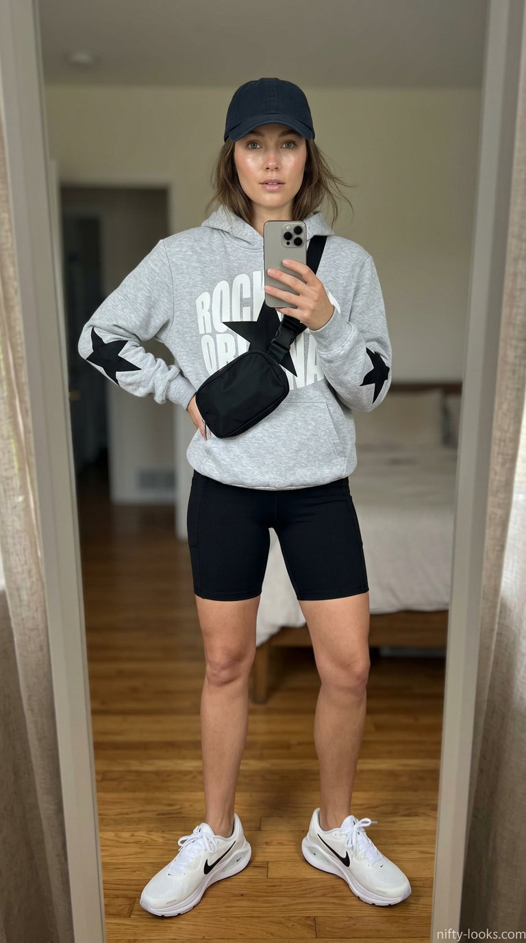 Women short outfits summer 2026: Grey graphic hoodie with black biker shorts, sneakers, and cap for athletic comfort.
