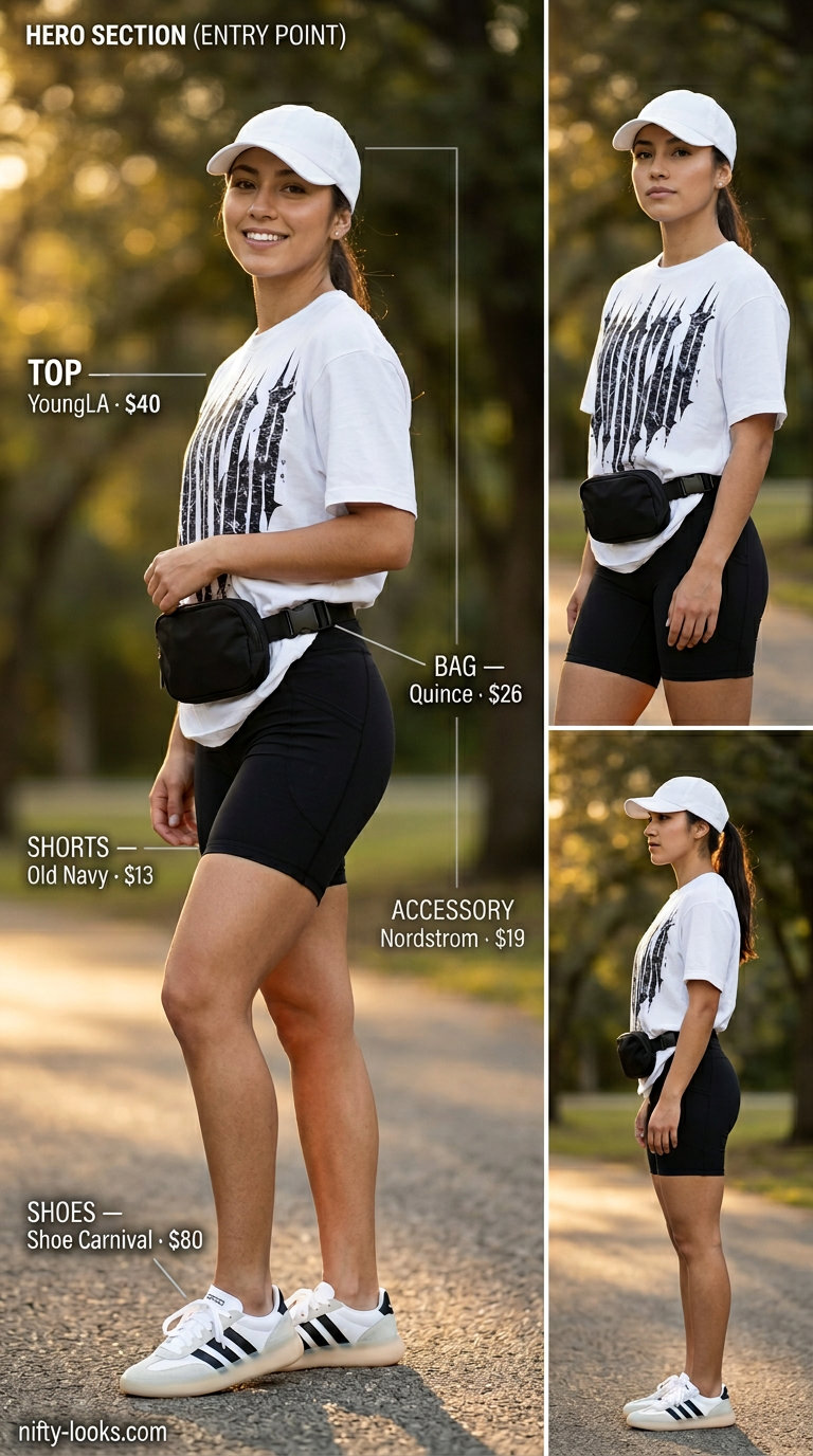 Sporty chic biker shorts and oversized tee for women short outfits summer 2026, with dad sneakers.