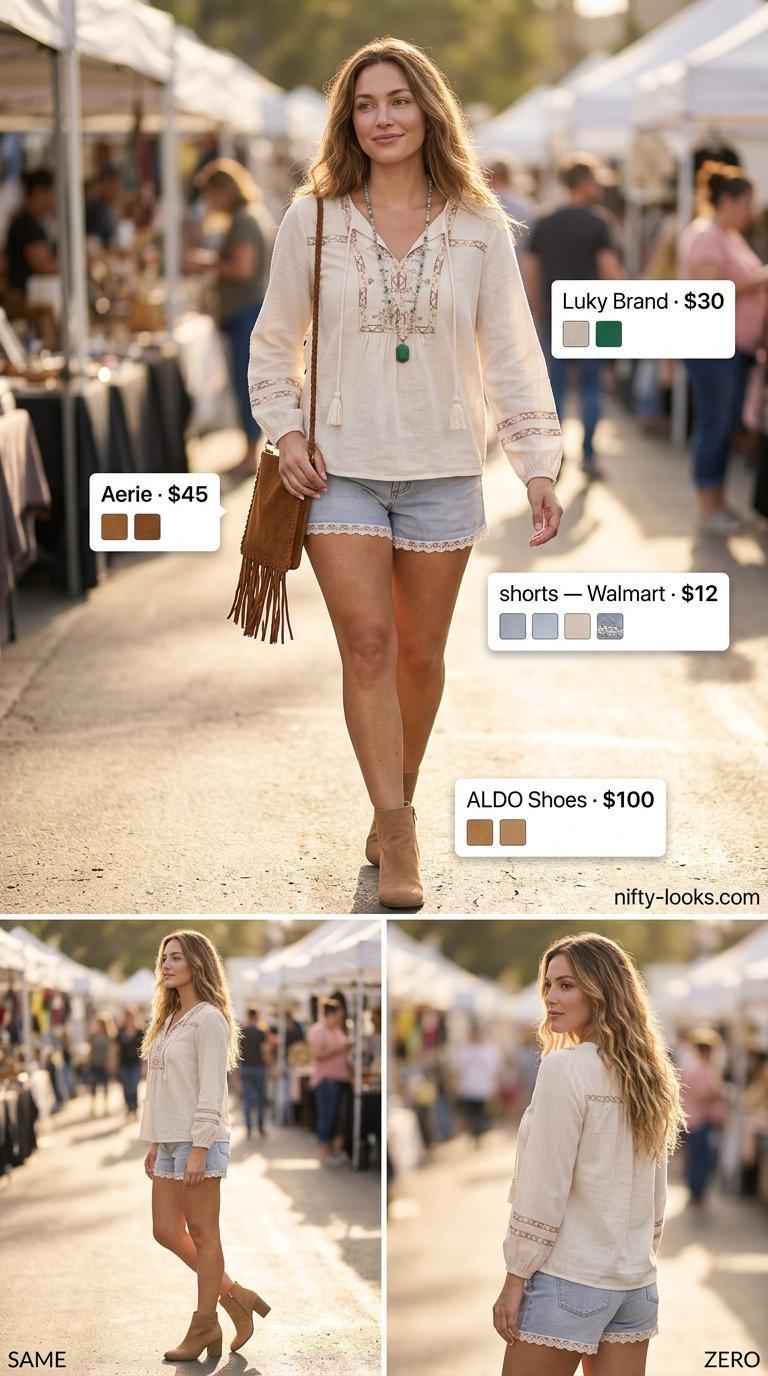 Boho festival women short outfits summer 2026: denim shorts, peasant blouse, suede boots, fringe bag.