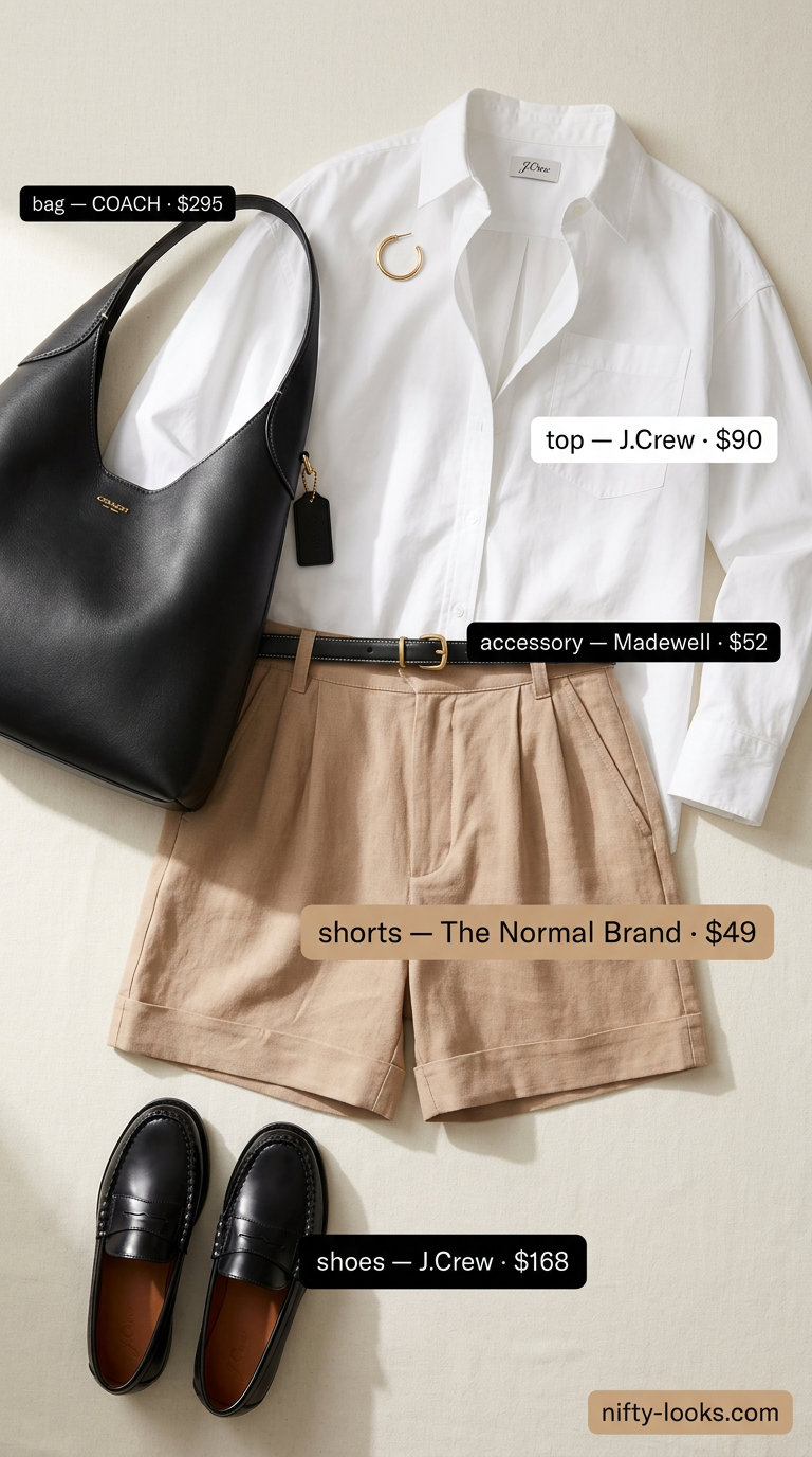 Women short outfits summer 2026: Camel Bermuda shorts with white button-down shirt, loafers, and shoulder bag for city safari.