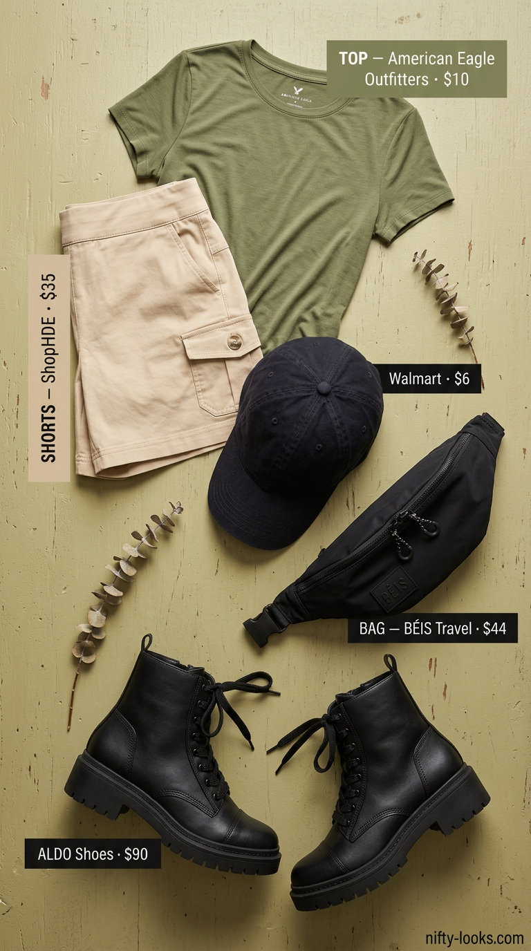 Women short outfits summer 2026: Olive green cargo shorts with black t-shirt, boots, and belt bag for adventure.