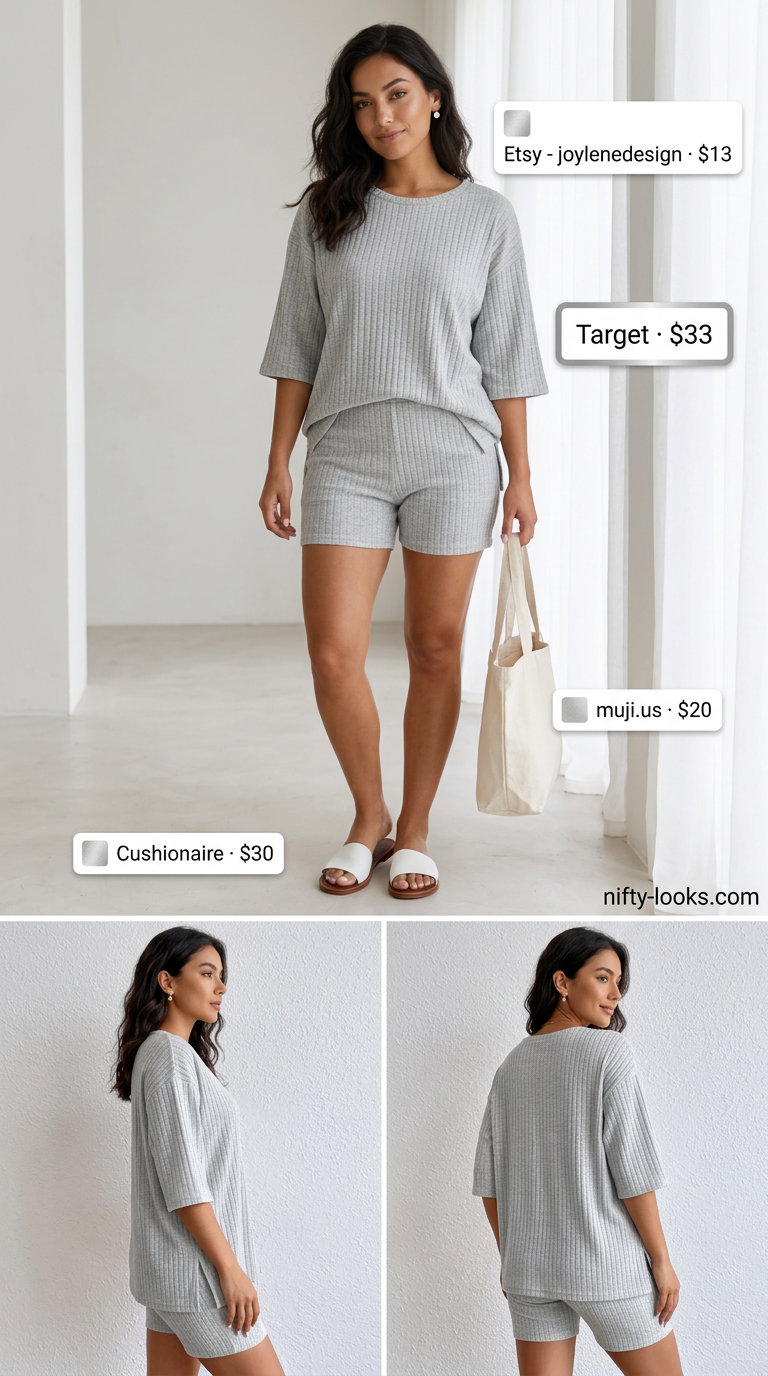 Comfortable women short outfits summer 2026: knit lounge set, slides, canvas tote bag.