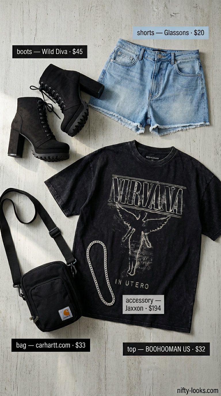 Edgy denim shorts and graphic tee for women short outfits summer 2026, with combat boots.