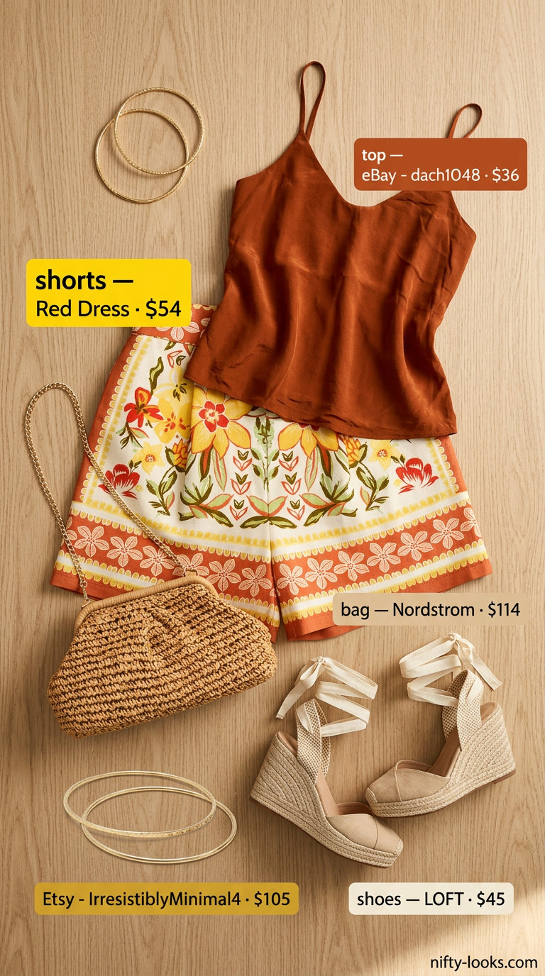 Women short outfits summer 2026: Floral shorts, rust camisole, espadrilles, straw clutch for a fiesta.