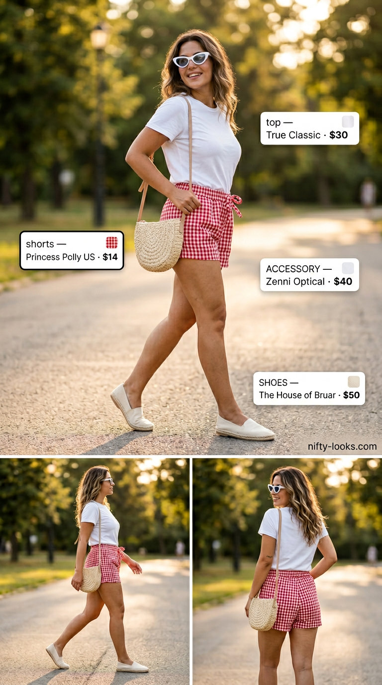 Women short outfits summer 2026: Red gingham shorts, white tee, straw bag, espadrilles for a picnic.