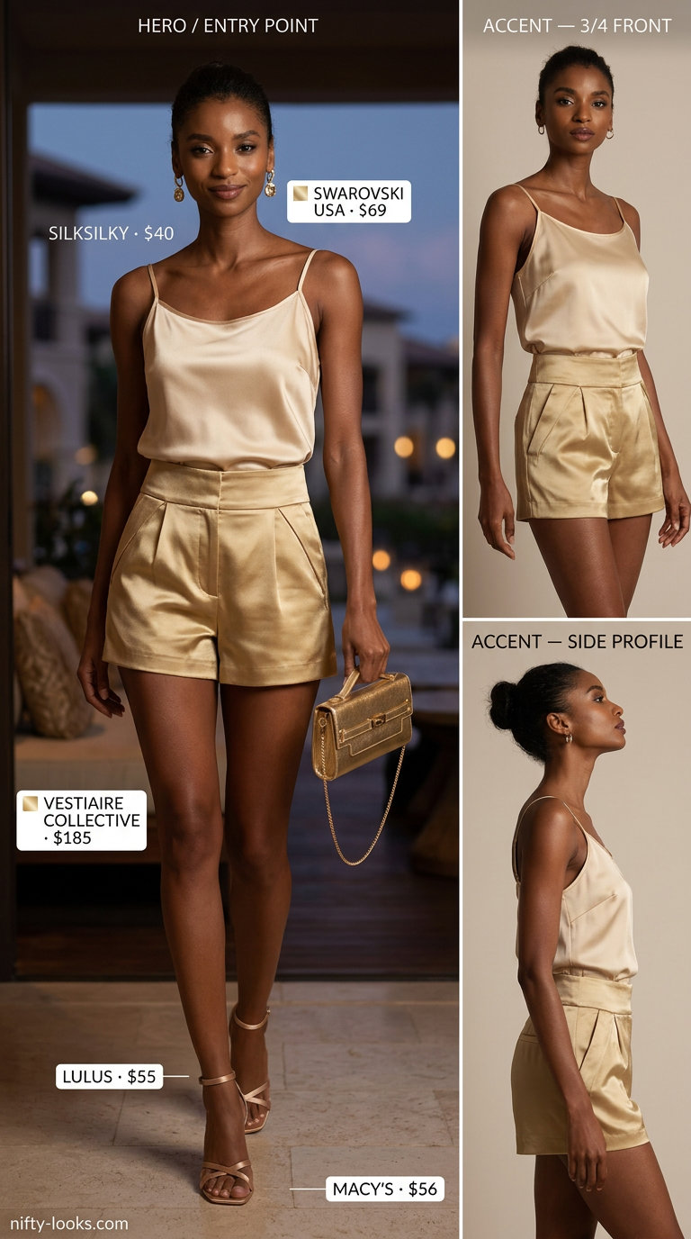 Glamorous women short outfits summer 2026: silk shorts set, heeled sandals, statement earrings, clutch.