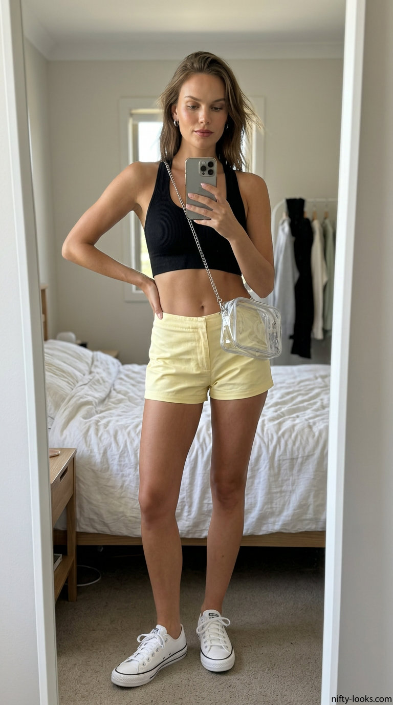 Women short outfits summer 2026: Hot pink mini shorts with black crop top, white sneakers, and clear crossbody bag.