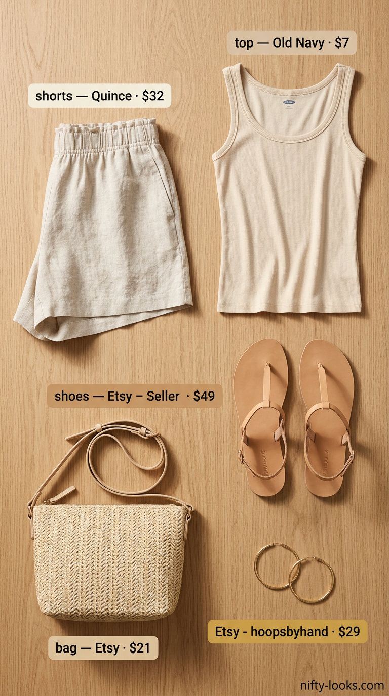 Women short outfits summer 2026: Linen shorts, ribbed tank, straw bag, flat sandals for a relaxed look.